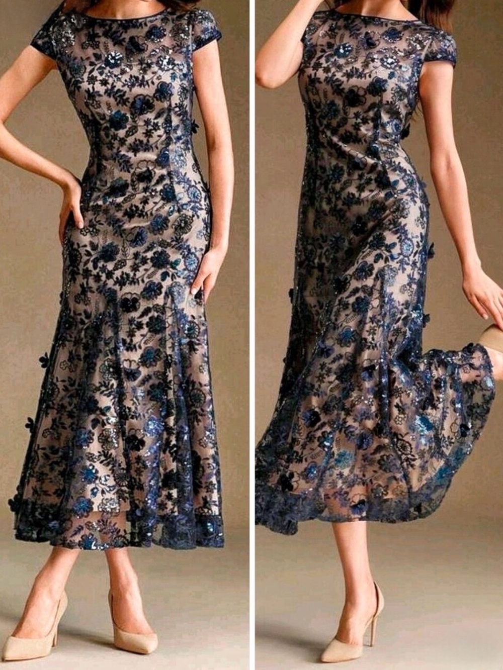 New Embroidered Floral Sequin Flare Skirt Midi Dress Navy Blue Beige Tan